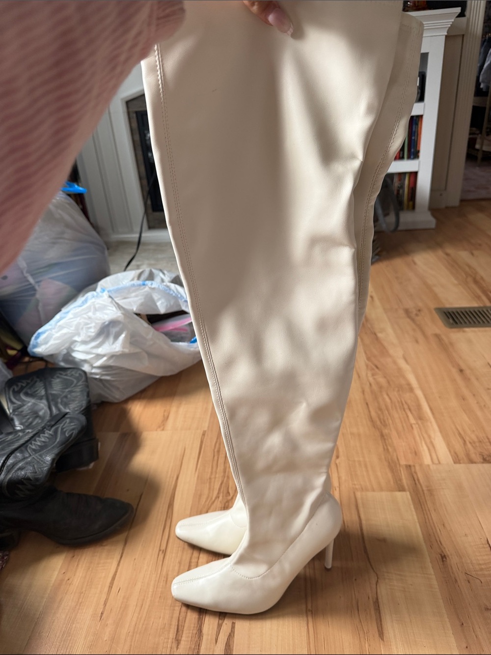Forever 21 Cream Over-the-Knee Pointed-Toe Stiletto Boots